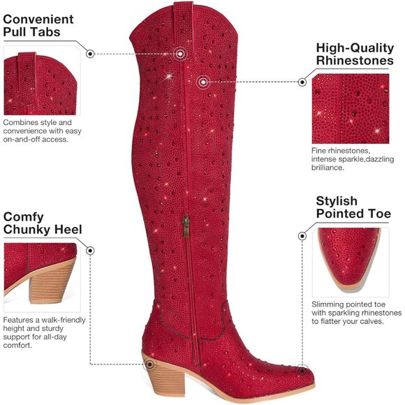 Women's Red Rhinestone Sparkly Over Knee Pointed Toe Chunky High Heel Boots - Picture 4 of 7